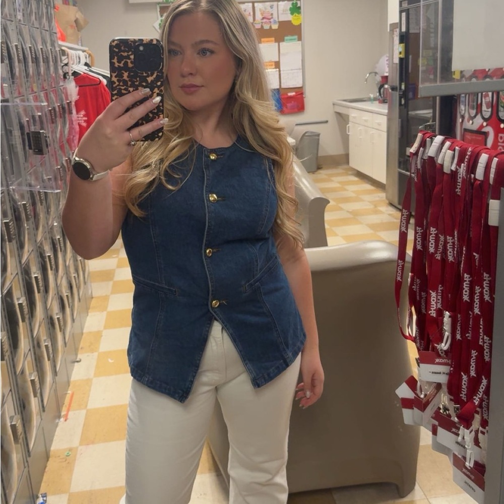 Sincerely Jules Blue Denim Top with Gold Accents